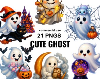 Cute Ghost Clipart PNG Bundle, 21 Halloween Ghosts, Kawaii Pastel Spooky Clipart, Witch Cat Candy Pumpkin, Commercial Use