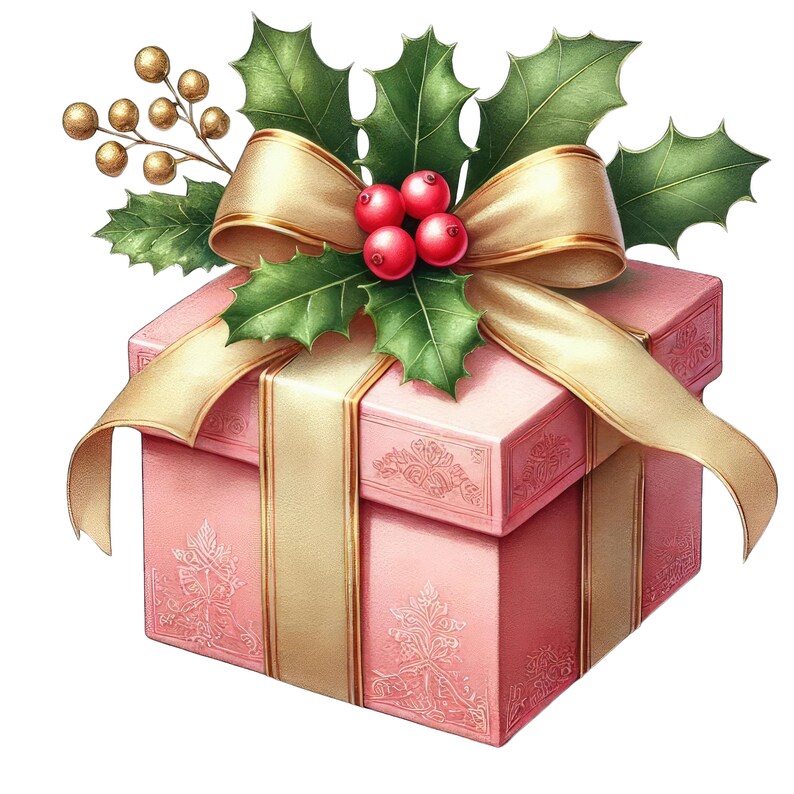 May include: A pink gift box adorned with a gold ribbon and holly. The box features a floral design and is topped with red berries and gold accents. A festive holiday theme.