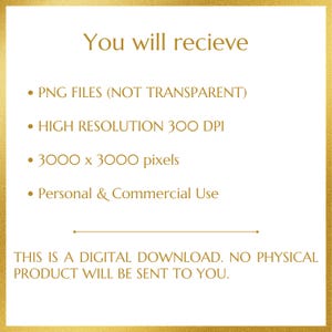 May include: Text on a gold background that reads "You will recieve &bull; PNG FILES (NOT TRANSPARENT) &bull; HIGH RESOLUTION 300 DPI &bull; 3000 x 3000 pixels &bull; Personal & Commercial Use THIS IS A DIGITAL DOWNLOAD. NO PHYSICAL PRODUCT WILL BE SENT TO YOU."