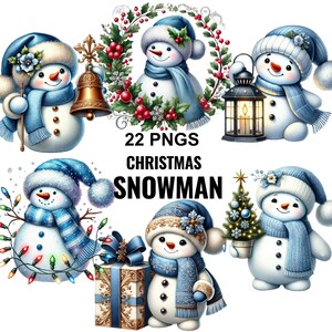 May include: A collection of 22 PNG digital illustrations featuring snowmen wearing blue hats and scarves. The snowmen are depicted with various holiday items including a gold bell, a lantern, Christmas lights, a gift box, and a small tree.
