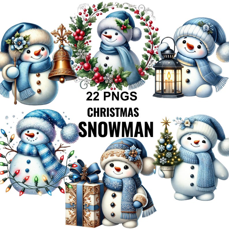 May include: A collection of 22 PNG digital illustrations featuring snowmen wearing blue hats and scarves. The snowmen are depicted with various holiday items including a gold bell, a lantern, Christmas lights, a gift box, and a small tree.