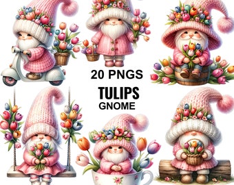 Watercolor Tulip Gnome Clipart Bundle: Spring Garden PNG (Digital Download)