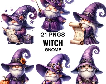 Watercolor Witch Gnome Clipart, Spooky Purple Halloween PNG, Cute Cauldron Crystal Ball Owl Graphics, Magic Wizard Sublimation Bundle