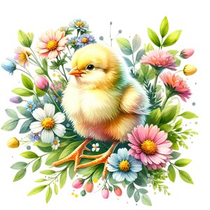 May include: A yellow baby chick sits in a nest of colorful flowers. The chick has a fluffy yellow body and a small beak. The flowers are pink, white, and blue.
