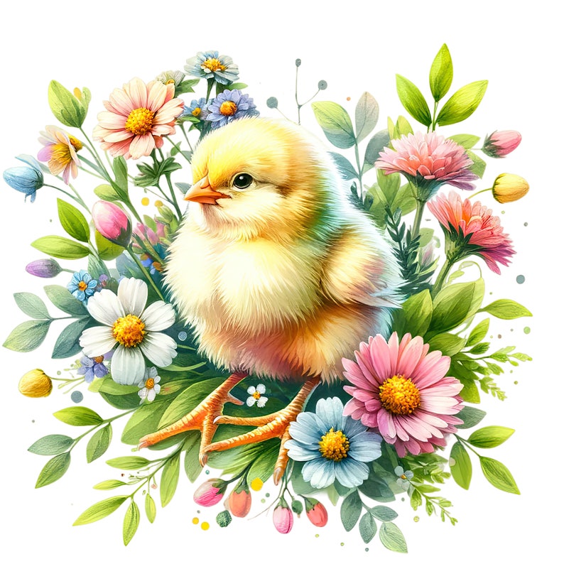 May include: A yellow baby chick sits in a nest of colorful flowers. The chick has a fluffy yellow body and a small beak. The flowers are pink, white, and blue.