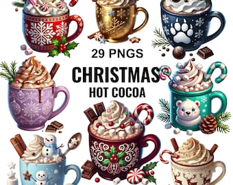Clipart di cioccolata calda natalizia: tazze festive per le feste (download digitale)