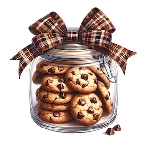 May include: A clear glass jar filled with round chocolate chip cookies, featuring a metal wire bail closure and a large brown and white plaid fabric bow tied around the top. Two loose chocolate chips sit on the surface near the base of the jar.