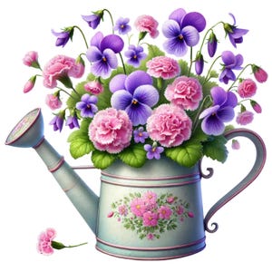 Vintage Watering Can Clipart: Floral Bouquet PNG (Digital Download