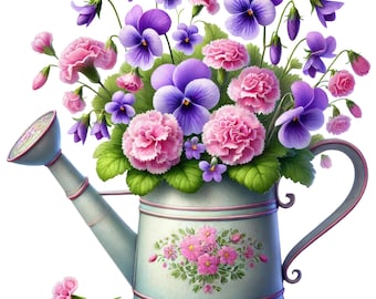 Vintage Watering Can Clipart: Floral Bouquet PNG (Digital Download