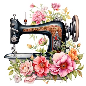 Aquarel bloemen naaimachine PNG, naaimachine clipart, naaimachine illustraties, naaimachine PNG, PNG quilten, naaimachine PNG