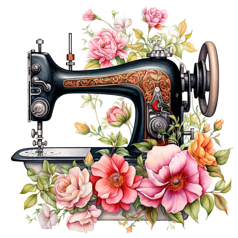 Máquina de coser floral de acuarela PNG, imágenes prediseñadas de la máquina de coser, clip art de la máquina de coser, máquina de coser png, acolchado png, máquina de coser PNG imagen 1