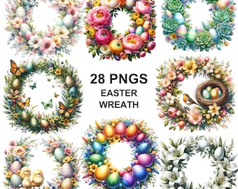 水彩イースターリースのクリップアート：花柄の卵リース PNG（デジタルダウンロード）