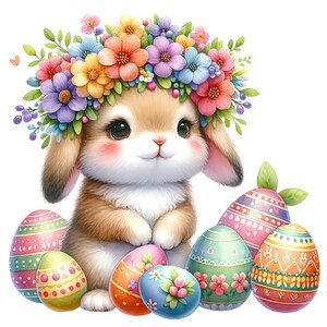 Watercolor Easter Bunny Clipart: Floral Spring PNG Graphics (Digital Download) image 6
