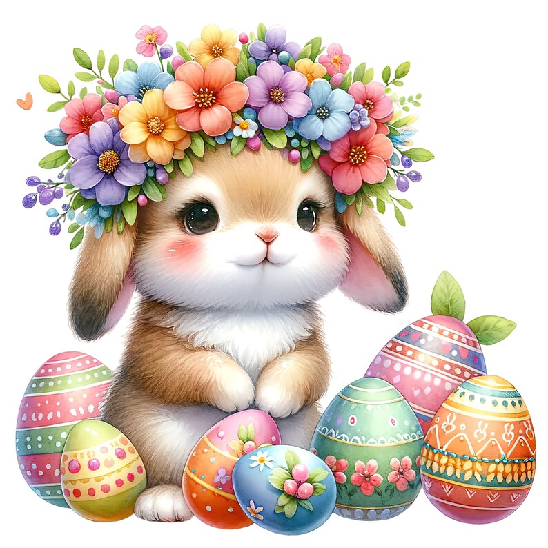 Watercolor Easter Bunny Clipart: Floral Spring PNG Graphics (Digital Download) image 6