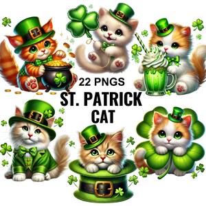 May include: A set of 22 digital images featuring cute cartoon cats dressed in green shamrock hats and outfits for St. Patrick's Day. The cats are holding various St. Patrick's Day themed items, such as a pot of gold, a shamrock, a green milkshake, and a green hat.