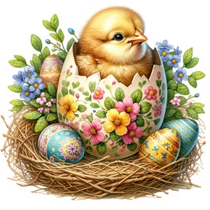 May include: A yellow chick peeks out of a decorated Easter egg, nestled in a woven nest with other colorful eggs.