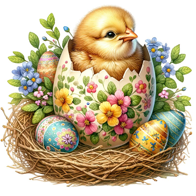 May include: A yellow chick peeks out of a decorated Easter egg, nestled in a woven nest with other colorful eggs.
