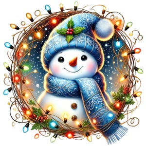 May include: A snowman wearing a blue knit hat with a pom-pom and a matching blue scarf, centered within a circular wreath of brown twigs, green holly leaves, red berries, and glowing multicolored Christmas lights against a dark blue background.