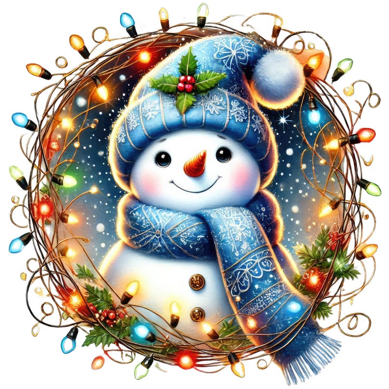May include: A snowman wearing a blue knit hat with a pom-pom and a matching blue scarf, centered within a circular wreath of brown twigs, green holly leaves, red berries, and glowing multicolored Christmas lights against a dark blue background.