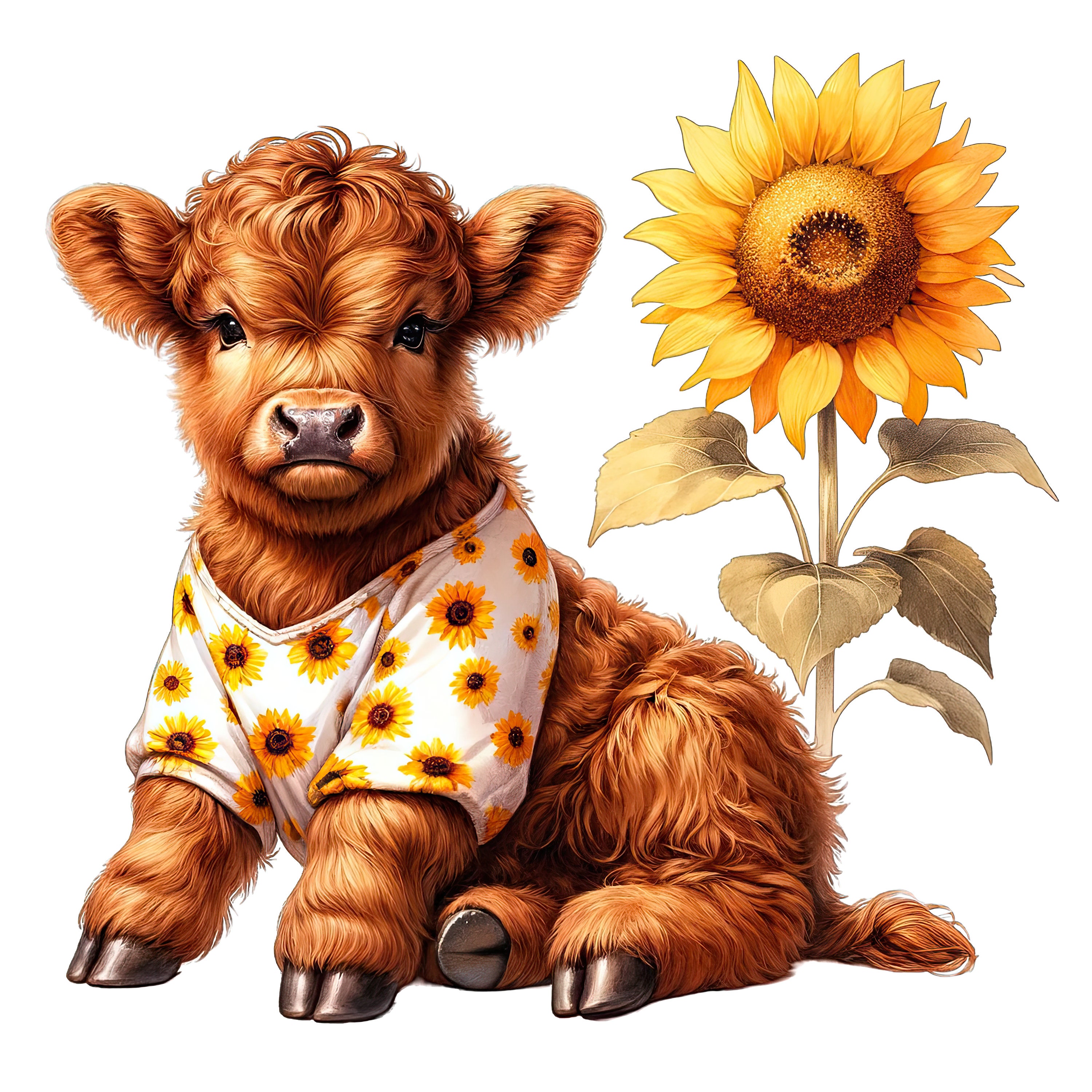 Watercolor Sunflower Highland Cow Clipart: Nursery PNG Bundle (digital ...