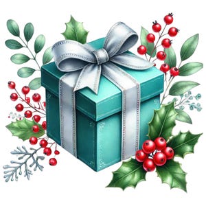 May include: A teal gift box with a silver ribbon and bow, surrounded by sprigs of holly with red berries and green leaves. The illustration is a watercolour style, ideal for festive or special occasion themes.
