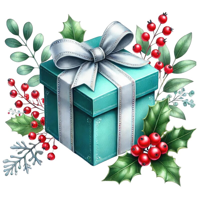 May include: A teal gift box with a silver ribbon and bow, surrounded by sprigs of holly with red berries and green leaves. The illustration is a watercolour style, ideal for festive or special occasion themes.