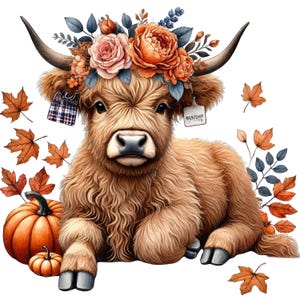 Clipart de vaca das terras altas de outono em aquarela, vaca das terras altas de outono, clipart de vaca das terras altas, vaca das terras altas de ação de graças, vaca das terras altas de outono, clupart de outono