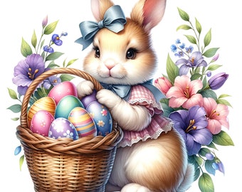 Watercolor Easter Bunny Clipart: Floral Spring PNG Graphics (Digital Download)