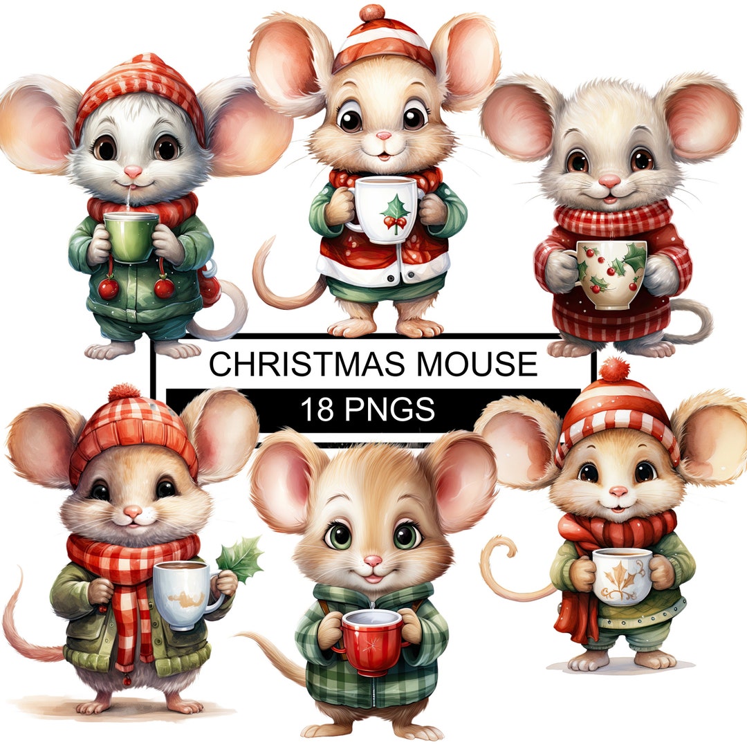 Watercolor Christmas Mouse Clipart: Holiday PNG Bundle (digital ...