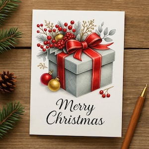 May include: A Christmas card featuring a grey gift box adorned with a red ribbon and bow. The box is decorated with red berries, gold and red baubles, and foliage. The words "Merry Christmas" are written in black script.