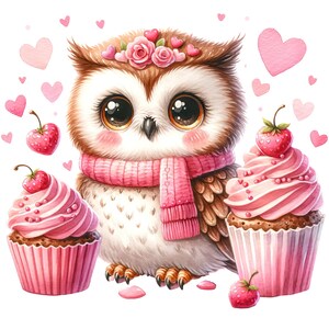 May include: A cute cartoon owl wearing a pink scarf and a crown of pink flowers, with two pink cupcakes decorated with pink frosting and strawberries.
