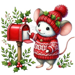 Watercolor Christmas Mouse Clipart: Festive Holiday PNG (Digital Download)