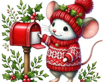 May include: A cute white mouse wearing a red knitted hat and sweater with a white snowflake pattern, standing next to a red mailbox with a white envelope sticking out of the slot. The mouse is holding the envelope with its paw and is looking at the mailbox. There are green holly leaves and red berries around the mailbox.