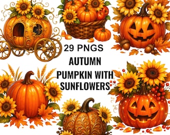 May include: A collection of 29 PNG digital illustrations featuring autumn pumpkins and sunflowers. The set includes a pumpkin carriage, a woven basket of pumpkins, jack-o'-lanterns, and pumpkins decorated with ornate swirls and fall foliage.
