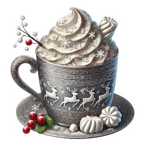 May include: A silver cup with a reindeer design and a white whipped cream topping. The cup is sitting on a silver saucer with marshmallows.