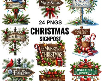 Christmas Signpost Clipart, Watercolor Wooden Holiday Signs PNG, Winter North Pole Signs Digital Download, Xmas Scrapbooking