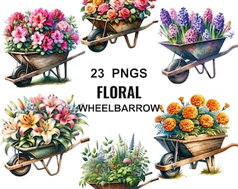 Floral Wheelbarrow Clipart: Spring Flower PNG Bundle (Digital Download)