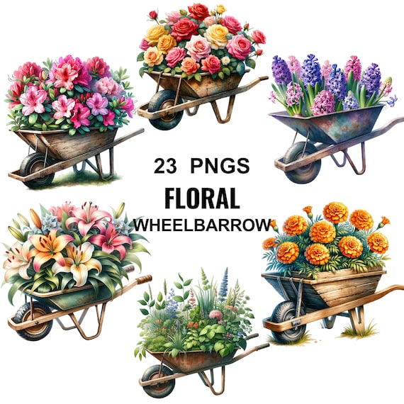 Floral Wheelbarrow Clipart: Spring Flower PNG Bundle (Digital Download)