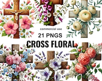 Floral Cross Clipart: Watercolor Christian PNG Images (Digital Download)