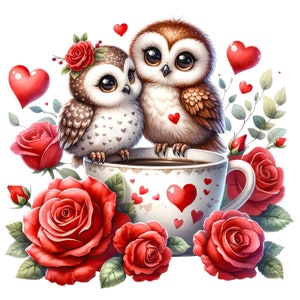 May include: Two brown and white owls with red hearts perched on the rim of a white teacup with red hearts. The teacup is surrounded by red roses and green leaves.