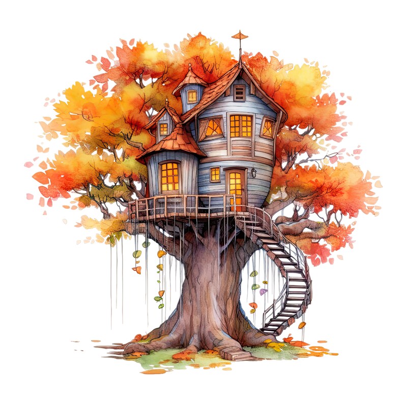 Watercolor Autumn Tree House Clipart, Clipart Fall Tree House, Fall ...