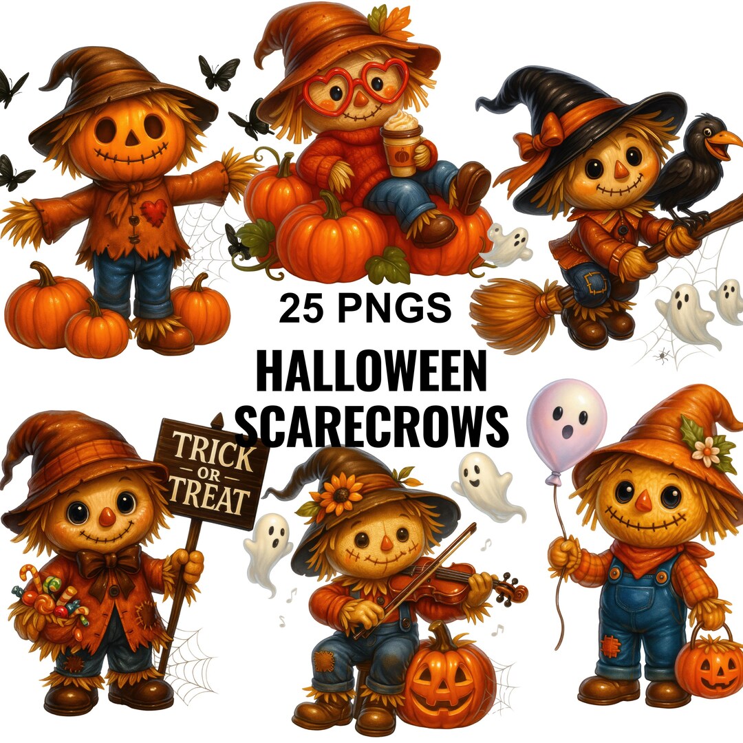Cute Halloween Scarecrow Clipart PNG Bundle, 25 Fall Pumpkin Scarecrows ...