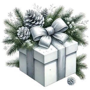 May include: A white gift box tied with a silver ribbon and bow, adorned with pine cones and evergreen foliage. The image is in a watercolour style, suggesting a festive, holiday theme. The box is square and the bow is large and prominent.