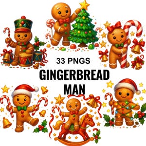 May include: A collection of gingerbread man illustrations. The image features several gingerbread men with festive decorations, including candy canes, Christmas trees, and Santa hats. Text reads "33 PNGS GINGERBREAD MAN".
