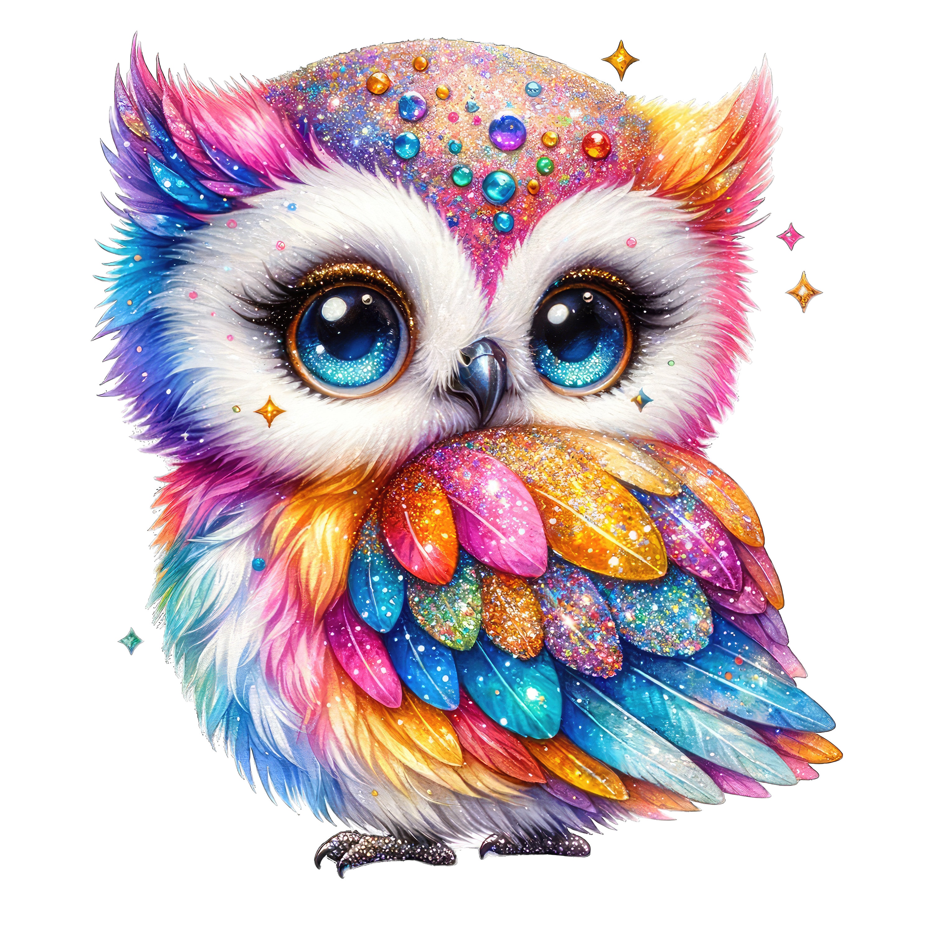 Sparkling Owl Clipart: Colorful Baby Owl PNG (Digital Download)