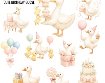Cute Birthday Goose Clipart Bundle, Baby Duck PNGs with Balloons, Cakes, Gifts, Party Hat Animals, Digital Download for Kids Birthday
