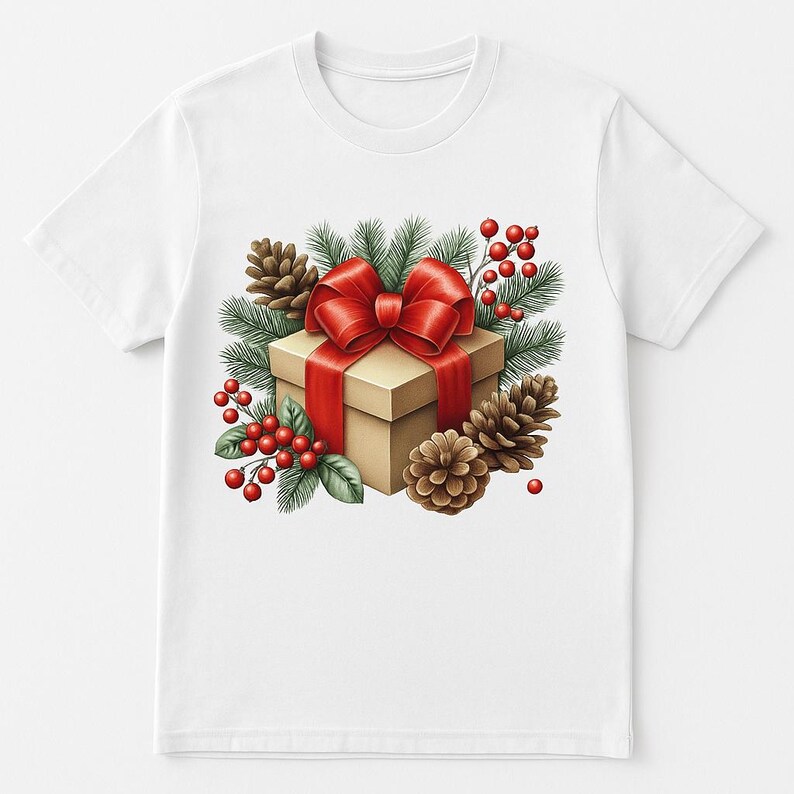 May include: White t-shirt with a festive illustration. A beige gift box is decorated with a large red bow and ribbon. The design includes pine cones, evergreen branches, and red berries, creating a holiday theme.