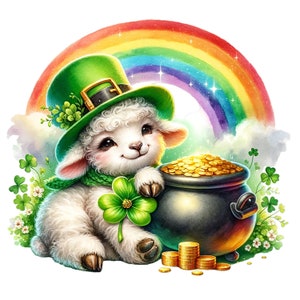 May include: A white lamb wearing a green leprechaun hat and holding a pot of gold coins. The lamb is sitting in front of a rainbow and surrounded by shamrocks.