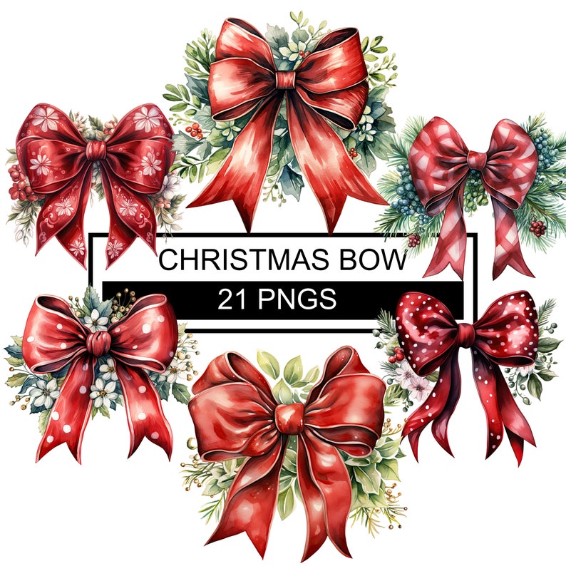 Watercolor Christmas Bow Clipart: Festive Holiday PNG (digital Download ...
