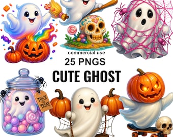 Cute Halloween Ghost Clipart PNG Bundle, 25 Kawaii Spooky Ghosts, Pumpkin Candy Spider Skull, Commercial Use